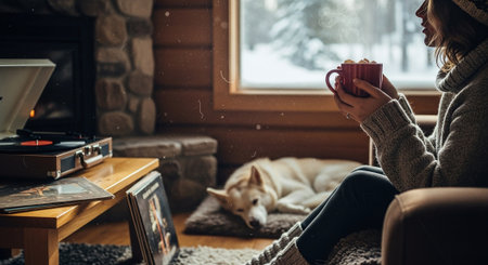 A cozy indoor scene featuring a woman holding a mug of hot beverage, sitting by a window with snow outside, a dog resting nearby, and a record player with vinyl recordsの素材
