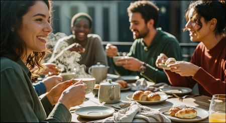 A group of friends enjoying breakfast together outdoors, with steaming cups of coffee and pastries on the table, showcasing a warm and inviting atmosphereの素材