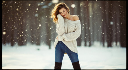 A young woman in a cozy oversized sweater and jeans, standing in a snowy forest with falling snowflakes, smiling softlyの素材