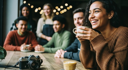 A group of friends enjoying coffee in a cozy cafe, with one woman smiling and holding a cup, an old camera on the table, warm atmosphereの素材