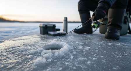 A person ice fishing on a frozen lake, holding a fishing rod over a hole in the ice, with a fishing tackle box and thermos nearbyの素材