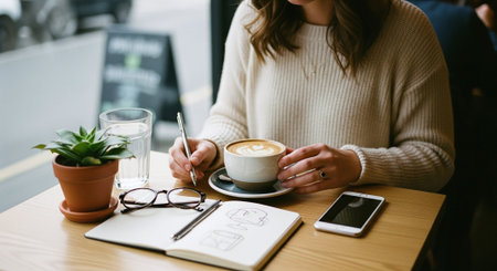 A woman sitting at a cafe table, enjoying a latte, with a sketchbook and glasses nearbyの素材