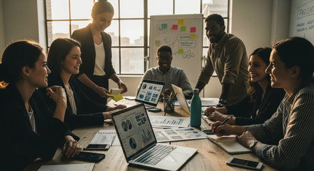 A diverse group of professionals collaborating in a modern office setting, discussing charts and graphs on laptops, with a whiteboard in the backgroundの素材