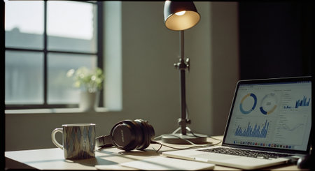 A modern workspace featuring a laptop displaying data charts, a coffee mug, headphones, and a desk lamp, with natural light coming through a windowの素材