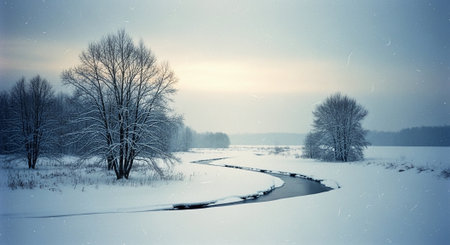 Winter landscape with river and trees at sunset. Panoramic photo.の素材
