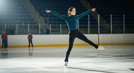 A figure skater performing a graceful pose on ice, showcasing athleticism and elegance, with a blurred audience in the backgroundの素材