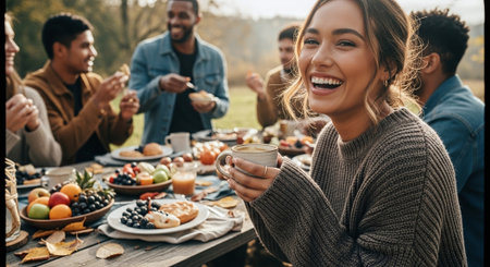 A joyful woman holding a cup, smiling at a gathering of friends around a table filled with food, in a sunny outdoor settingの素材