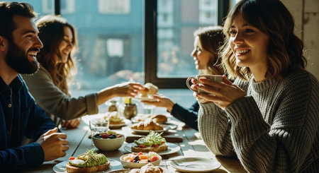 A group of friends enjoying a meal together at a cozy cafe, smiling and sharing food, with a bright window viewの素材