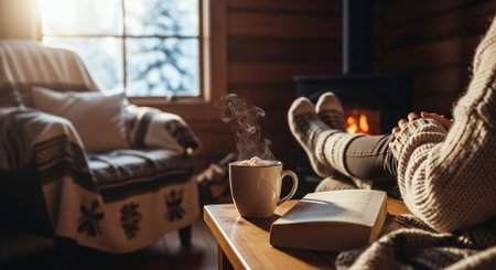 A cozy indoor scene featuring a person relaxing with a book and a steaming cup of hot chocolate, warm light from a fireplace, and a comfortable chair in the backgroundの素材