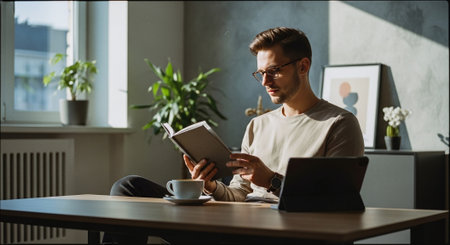 A young man reading a book in a bright, modern room with plants and a coffee cup on the tableの素材
