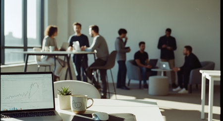 A modern office space with people engaged in discussions, a laptop displaying graphs on a table, and a coffee mug in the foregroundの素材