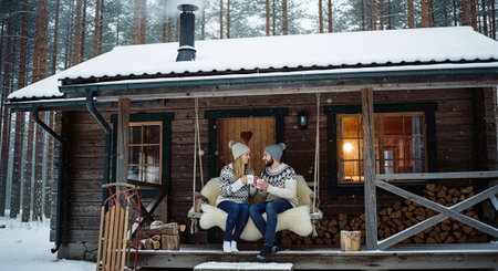 A couple sitting on a porch swing in winter, wearing matching sweaters, holding mugs, with a cozy wooden cabin in the background surrounded by snow and pine treesの素材