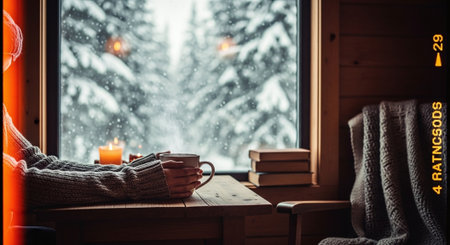 A cozy indoor scene featuring a person holding a mug, with a window showing snowy trees outside, a candle lit on the table, and books stacked nearbyの素材