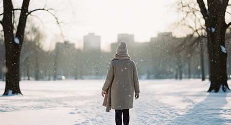 A person walking in a snowy park during winter, surrounded by trees and buildings in the background, soft sunlight filtering through snowflakesの素材