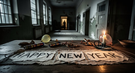 A dimly lit room with a table displaying a happy new year banner, party decorations, and a candle, creating a nostalgic and eerie atmosphereの素材