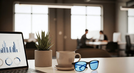 A modern office workspace featuring a laptop with graphs, a potted plant, a coffee cup, and sunglasses on a table, with blurred colleagues in the backgroundの素材