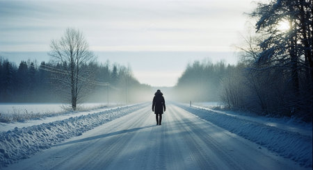 A solitary figure walking down a snow-covered road in a winter landscape, surrounded by trees and fogの素材