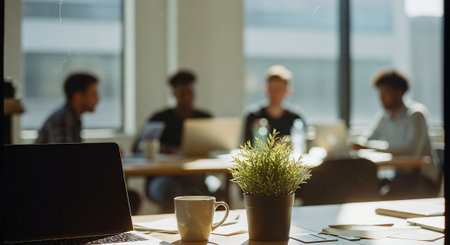 A modern office setting with a focus on a potted plant and a coffee cup in the foreground, blurred figures of people working in the backgroundの素材