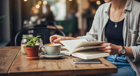 A woman reading a book at a cozy cafÃ© table with a cup of coffee and a small potted plantの素材