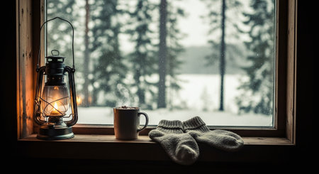 A cozy winter scene featuring a lantern, a mug of hot chocolate, and warm socks on a windowsill, with a snowy landscape visible outsideの素材