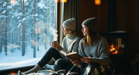 Two women sitting by a window in a cozy cabin, enjoying hot drinks, reading a book, with a snowy landscape outside and a fireplace in the backgroundの素材