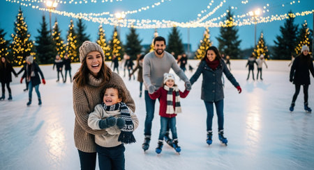A joyful family ice skating outdoors during winter, with festive lights and decorated trees in the backgroundの素材