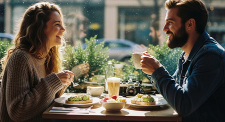 A couple enjoying breakfast at a cafe, smiling and engaging in conversation, with plates of food and drinks on the table, bright natural light coming through the windowの素材