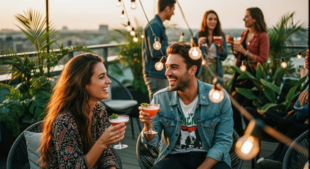 A lively rooftop party scene with people enjoying cocktails, string lights, and a sunset backdropの素材