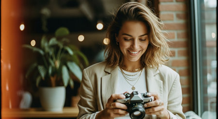 A young woman smiling while holding a vintage camera, sitting in a cozy cafe with plants and warm lightingの素材
