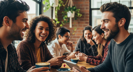 A group of young adults enjoying coffee and using devices in a cozy cafe setting, smiling and engaging with each otherの素材