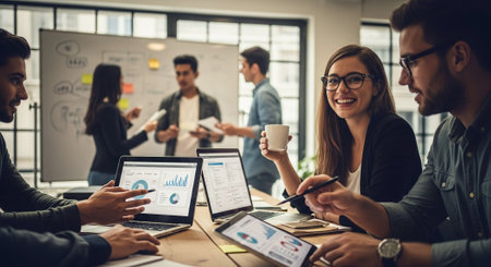 A group of professionals collaborating in a modern office, discussing data and charts on laptops, with a whiteboard in the backgroundの素材
