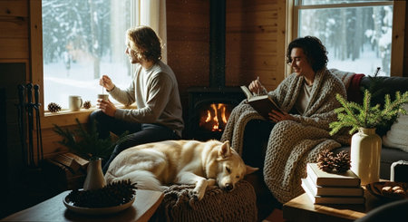 A cozy winter scene featuring a couple enjoying a warm drink and reading by a fireplace, with a dog resting nearby, surrounded by pine cones and a snowy landscape outsideの素材