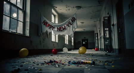 An abandoned hallway decorated with a happy New Year banner, scattered balloons, and confetti on the floor, creating a nostalgic and eerie atmosphereの素材