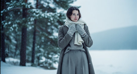 A woman standing in a snowy landscape, wearing a warm coat, scarf, and gloves, surrounded by pine trees and a frozen lakeの素材