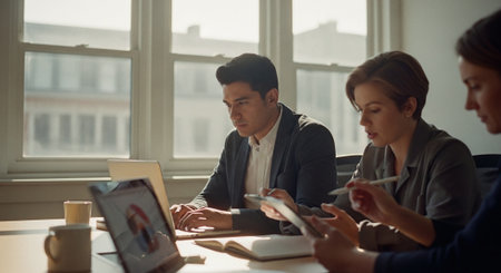 Three professionals collaborating in a bright office, one man working on a laptop, two women using a tablet and notebook, sunlight streaming through large windowsの素材