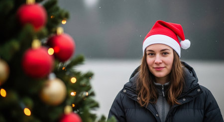 A young woman wearing a red and white Santa hat, standing next to a decorated Christmas tree with red and gold ornaments, snow falling in the backgroundの素材