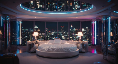 A luxurious round bed in a modern bedroom with city skyline views at night, illuminated by neon lightsの素材
