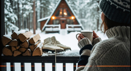 A woman holding a cup of coffee on a snowy balcony, with a cozy cabin in the background, ice skates and firewood nearbyの素材