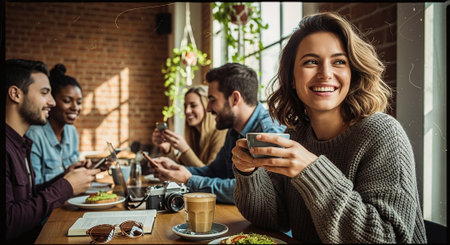 A group of friends enjoying coffee and food in a cozy cafe, with one woman smiling while holding a cup, others engaged with their phonesの素材