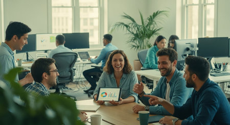 A group of professionals engaged in a meeting, discussing data and charts on a tablet, with a modern office backgroundの素材