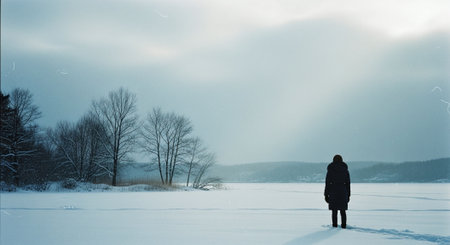 A solitary figure standing on a snowy landscape by a frozen lake, surrounded by trees and a cloudy skyの素材