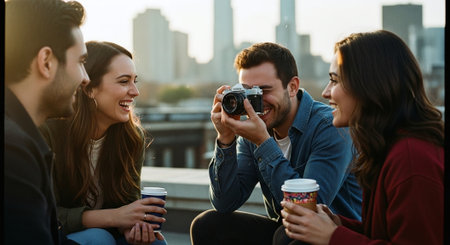A group of friends enjoying a sunny day outdoors, laughing and sharing drinks, one person taking a photo with a cameraの素材