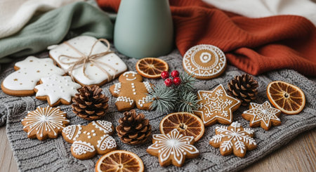 A festive arrangement of decorated gingerbread cookies, pine cones, and dried orange slices on a cozy knitted blanket. A green vase and a red scarf add to the holiday atmosphere.の素材