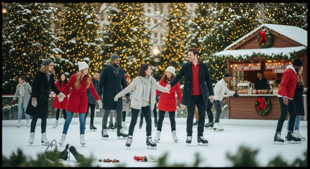 A festive ice skating scene with people enjoying the winter holiday atmosphere, surrounded by decorated trees and a cozy food stallの素材