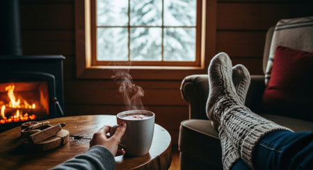 A cozy indoor scene featuring a person holding a warm cup of beverage, sitting comfortably with feet up on a table, in front of a fireplace, with snow visible outside the windowの素材