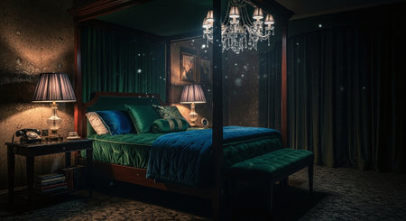 A luxurious bedroom featuring a four-poster bed with rich green bedding, elegant lamps, a chandelier, and dark curtains, creating a cozy and sophisticated atmosphereの素材