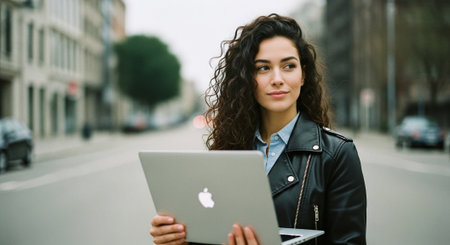A young woman with curly hair holding a laptop in the street, wearing a leather jacket, looking thoughtfully into the distanceの素材