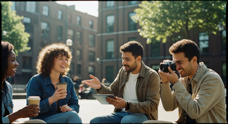A group of friends enjoying a sunny day in a park, sitting on chairs with coffee cups, one person holding a tablet, another taking photos, smiling and laughingの素材