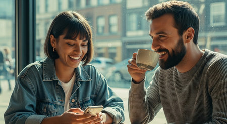 A young couple enjoying coffee in a cafe, smiling and laughing while looking at a smartphone, bright and cheerful atmosphereの素材