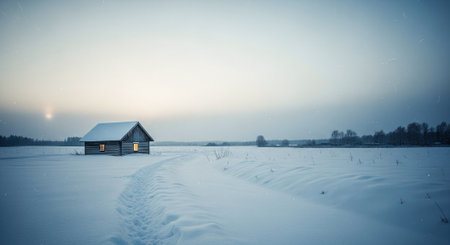 A solitary wooden cabin in a snowy landscape at dusk, with warm light glowing from the windows, surrounded by a vast field of snow and distant treesの素材
